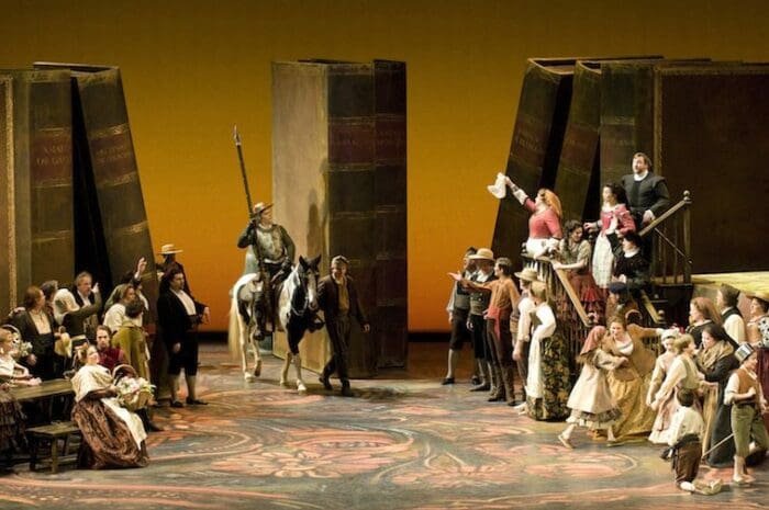 John Relyea (centre, on horse) as Don Quichotte in the Seattle Opera production of Don Quichotte, 2011. Photo: Rozarii Lynch